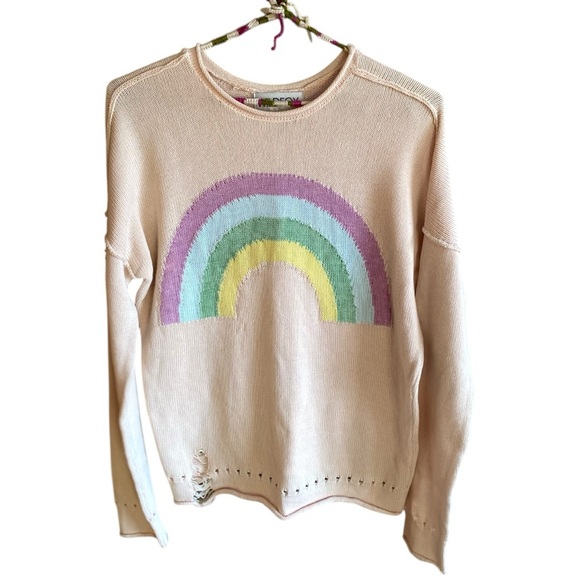 wildfox couture sky high rainbow distressed pink sweater, sz XS - Picture 7 of 9